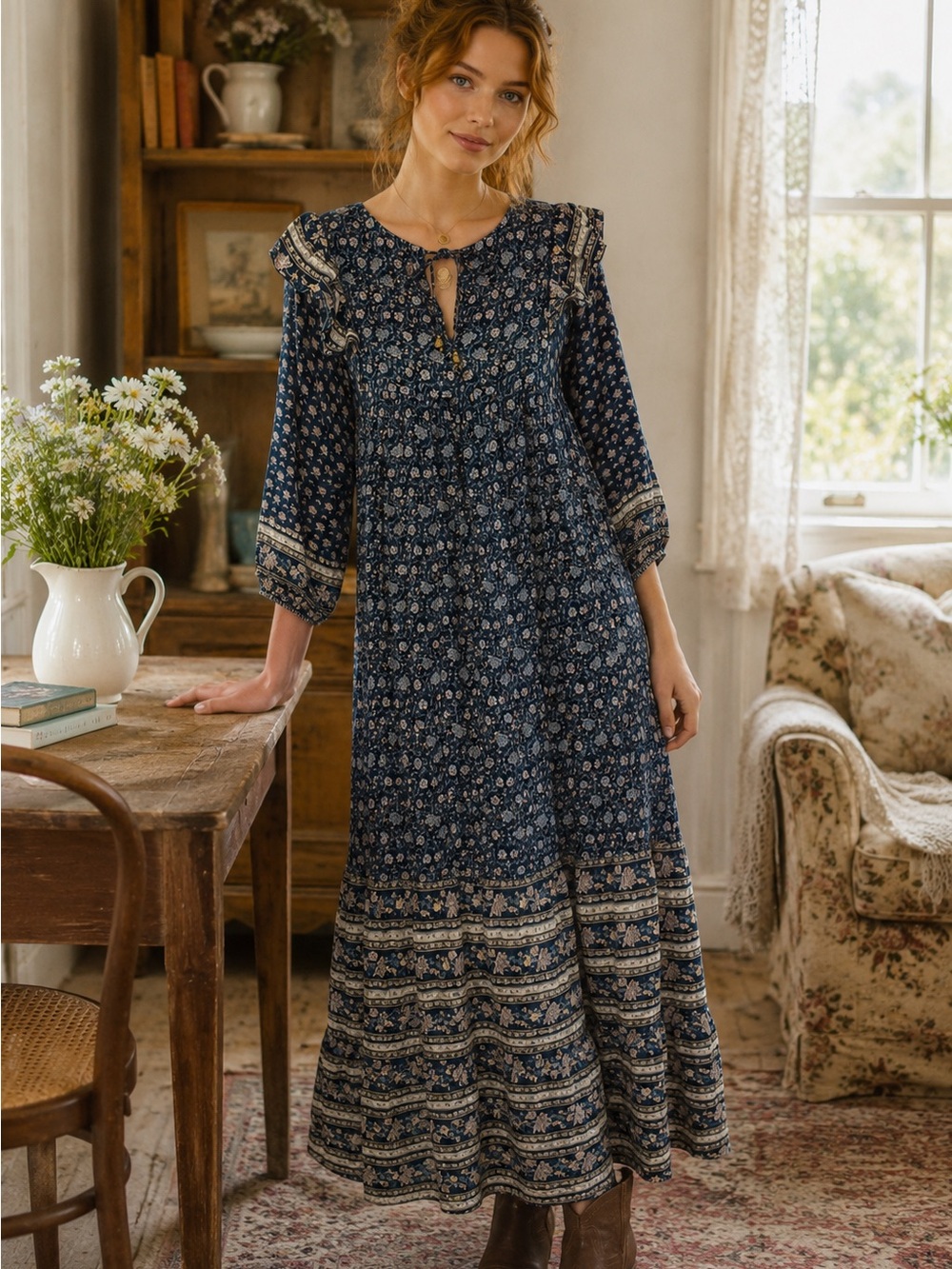 Cortefiel Grandmacore Boho Women's Green Floral Tiered Maxi Dress Size 6